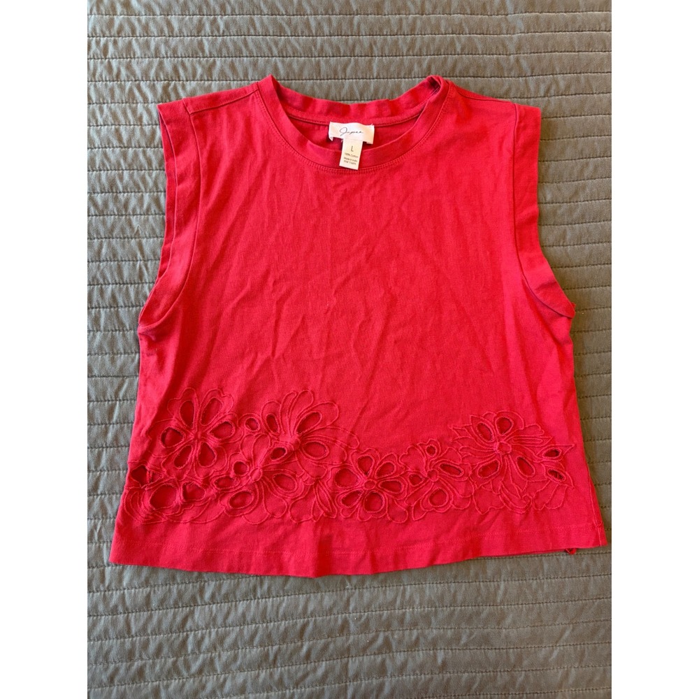 Japna Red Floral Eyelet Embroidered Hem Cotton Tank Top Large - Picture 2 of 7